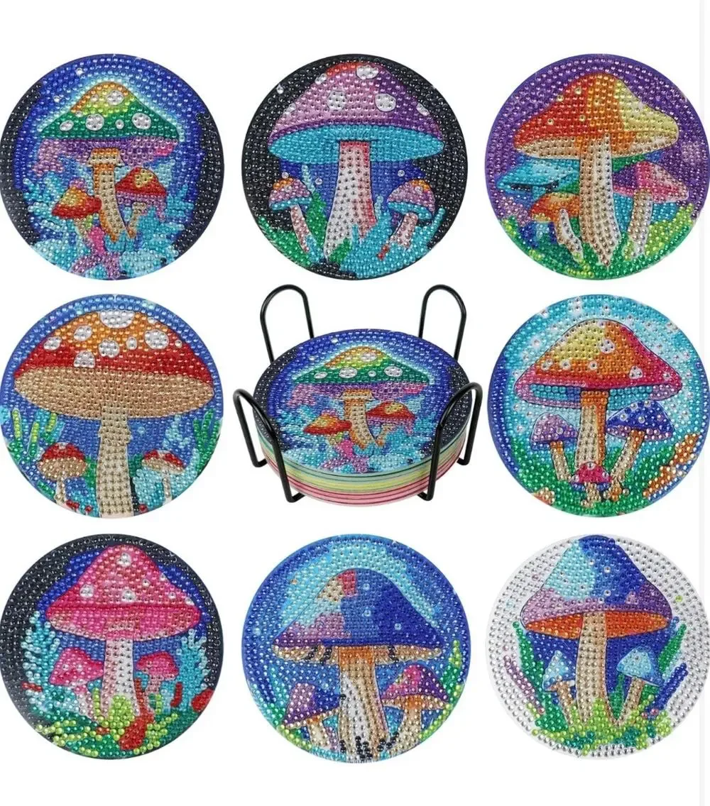 Mushroom kitchen home Acrylic Shiny DIY Diamond Coasters set of 8